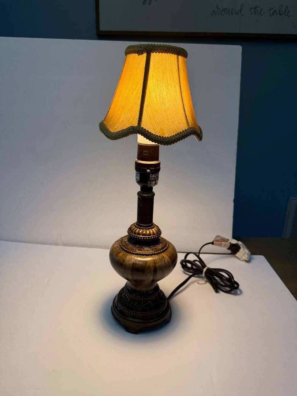 Vintage Ornate Carved Style Table Lamp Brown Gold Decorative Fabric Shade